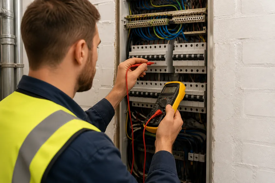 Electrician fault finding on a commercial distribution board