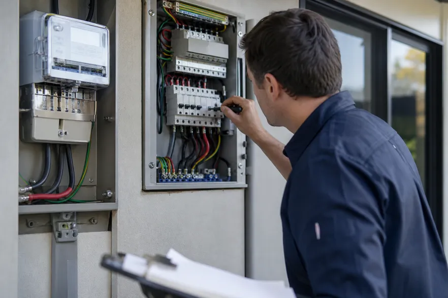 Electrical compliance inspection at a property meter box for transfer