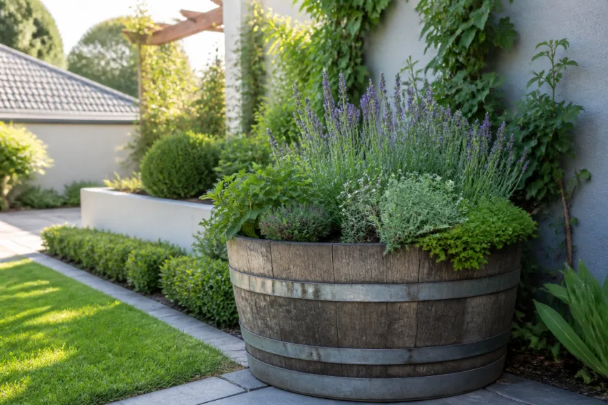 225 litre wine barrel half planter planted in a neat Cape Town garden