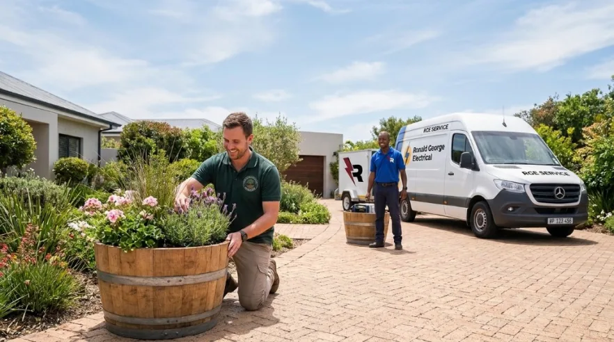 Luke's Garden Planters and Ronald George Electrical — wine barrel planters with RGE service van